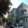 Edificio moderno angolare con balconi curvi, strada con auto parcheggiate e alberi.